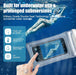 Waterproof phone case with a person diving and text about its features