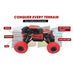 Red and black toy monster truck with features labeled on a white background