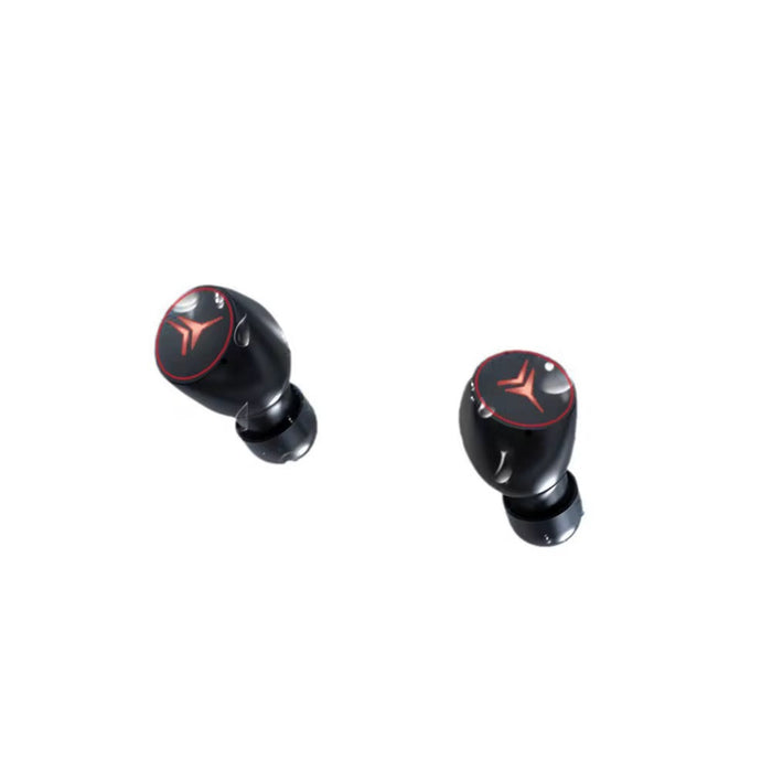 Black wireless earbuds with red accents on a white background
