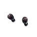 Black wireless earbuds with red accents on a white background
