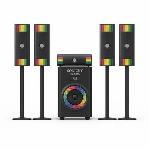 Black speaker system with rainbow color patterns on a white background