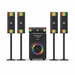 Black speaker system with rainbow color patterns on a white background