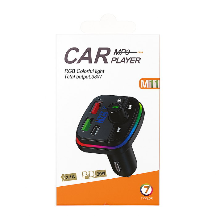 M11 Car MP3 Player – Bluetooth FM Transmitter with RGB Light, USB-C & Dual USB Charger