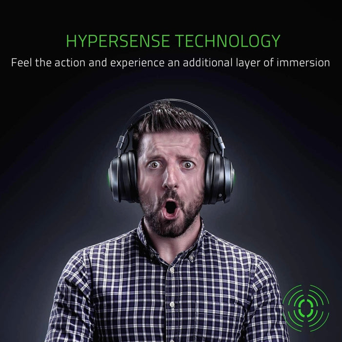 Person wearing large headphones with text about hypersense technology on a dark background
