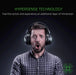 Person wearing large headphones with text about hypersense technology on a dark background