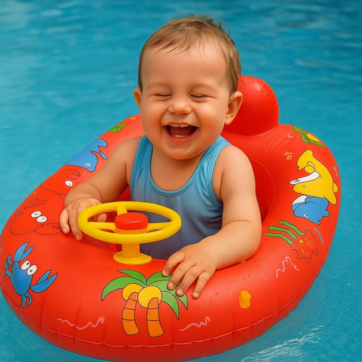 Child in a red inflatable pool float with cartoon designs, smiling in a pool.