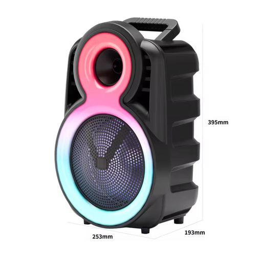 Portable speaker with colorful gradient design and measurement details on a white background