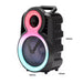 Portable speaker with colorful gradient design and measurement details on a white background
