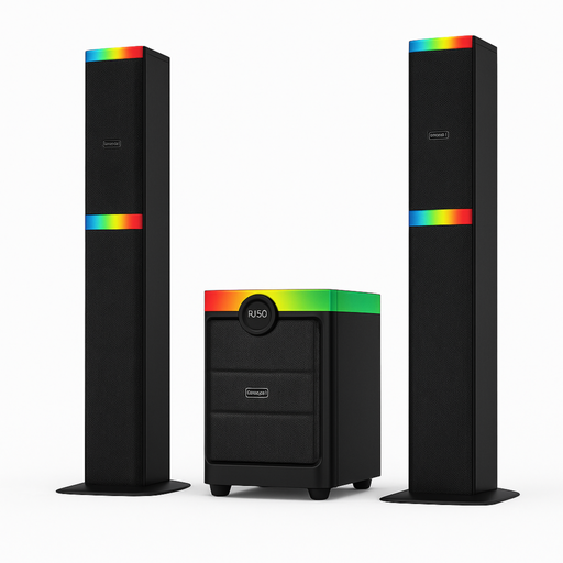 Black speakers with rainbow stripes on a white background