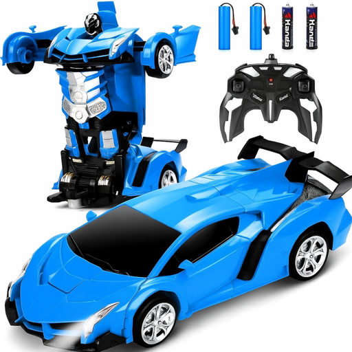Blue toy robot and car with remote control and batteries on a white background