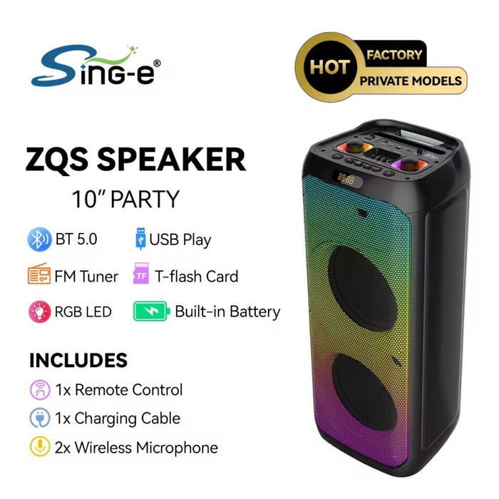 10” Party Bluetooth Speaker with Dual Wireless Microphones – RGB LED, 100W Power, FM Radio