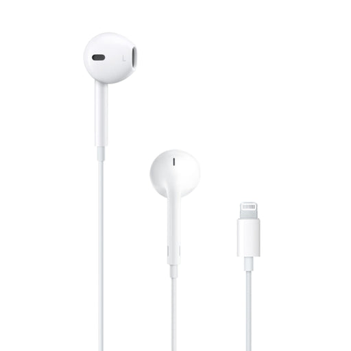 White earphones with Lightning connector on a white background