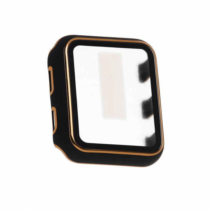 Black and gold smartwatch case on a white background