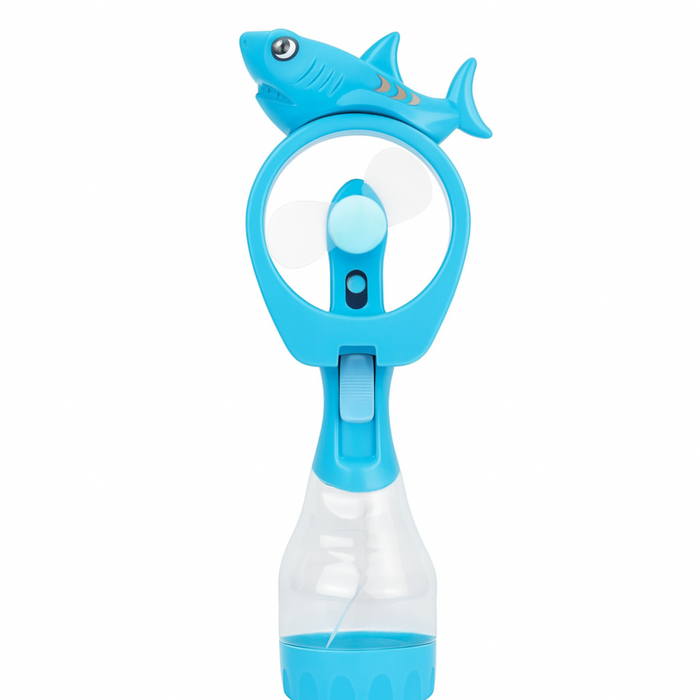 Blue shark-shaped hand fan on a white background