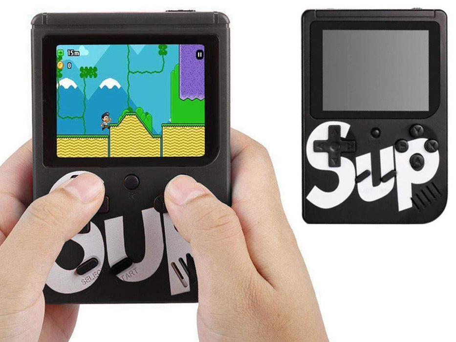 Hand holding a small handheld gaming device with a game displayed, next to a similar device with 'Sup' text.