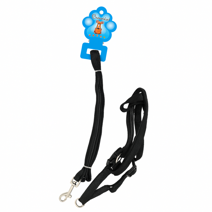 Black dog leash with a blue brand tag on a white background