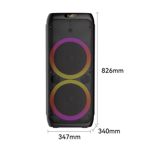 Black speaker with RGB lighting and dimensions labeled on a white background