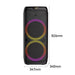 Black speaker with RGB lighting and dimensions labeled on a white background
