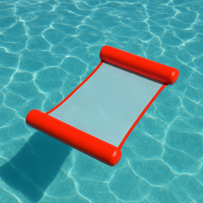 Red inflatable pool lounge with mesh seat floating on clear blue water