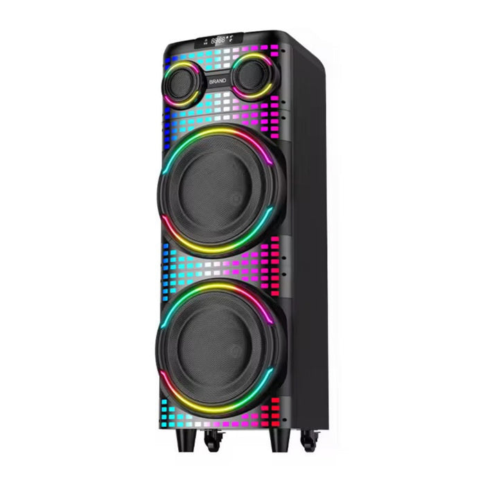 Black speaker with colorful LED lights on a white background