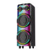 Black speaker with colorful LED lights on a white background