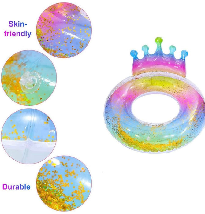 Colorful inflatable ring with a crown design on a white background
