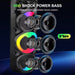 Speaker with RGB lighting and technical details on a blue gradient background