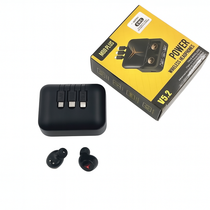 Black wireless earbuds with charging case and packaging on a white background