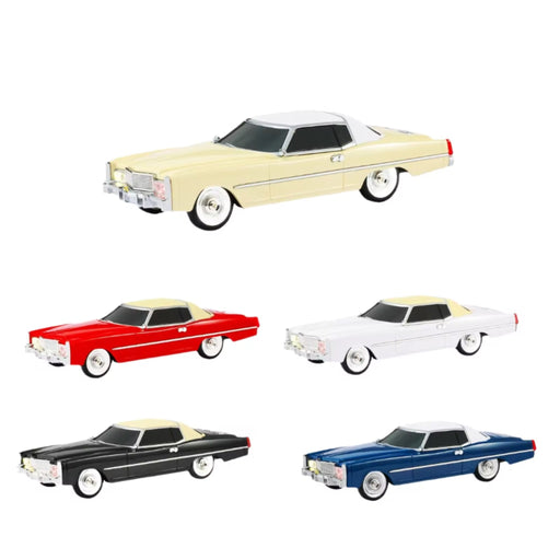 Five model cars in different colors on a white background