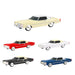 Five model cars in different colors on a white background