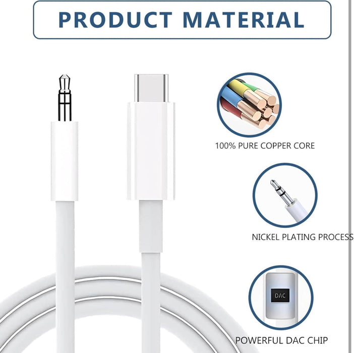 White audio cable with material specifications on a white background