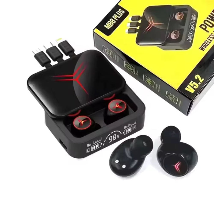 Black wireless earbuds with charging case and power adapter on a white background