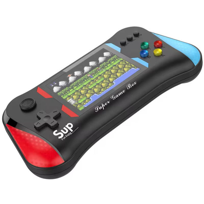 Handheld game console with colorful buttons and screen on a white background