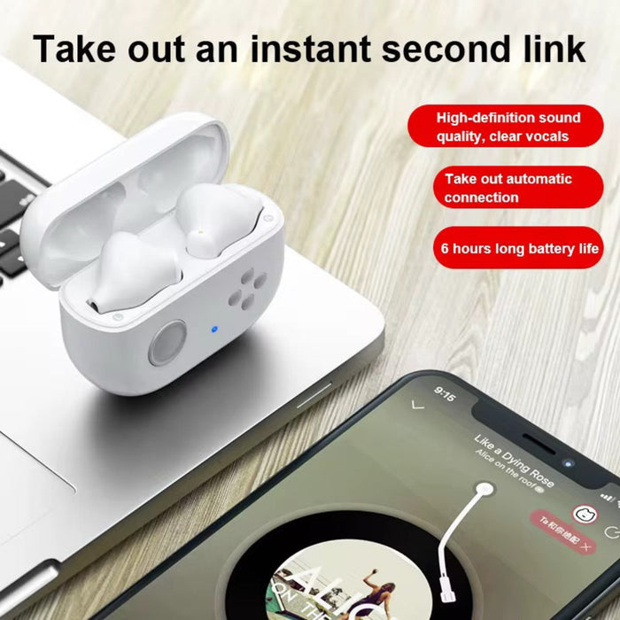 Wireless earbuds in charging case with smartphone displaying music app on wooden surface