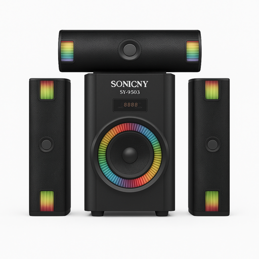 Black speaker system with colorful LED lights on a white background, featuring the brand 'Sonicny'.