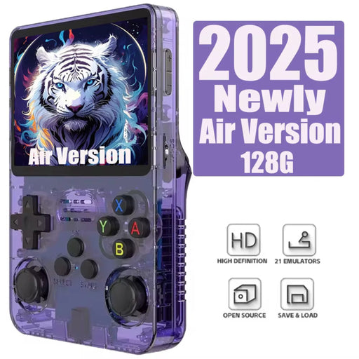 Handheld gaming console with transparent purple casing featuring a tiger graphic on the screen.