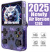 Handheld gaming console with transparent purple casing featuring a tiger graphic on the screen.