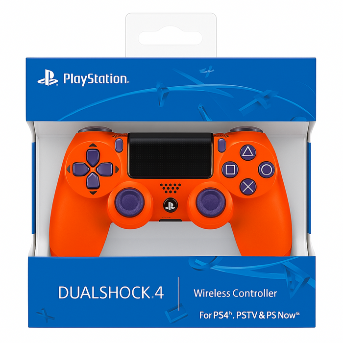 Orange PlayStation DualShock 4 wireless controller in packaging with blue PlayStation logo