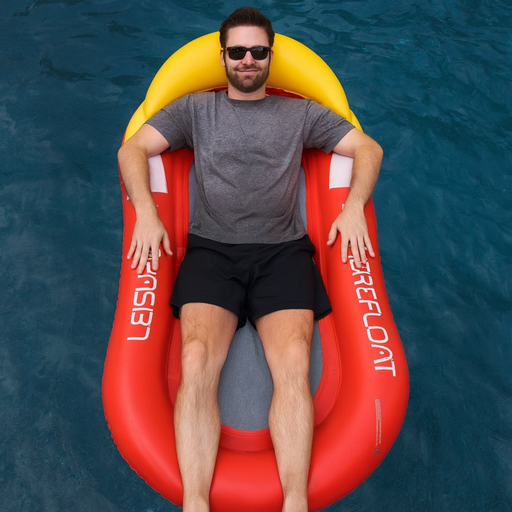 Man lounging on a red and yellow inflatable pool float in water
