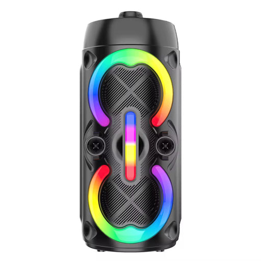 Black portable speaker with colorful LED lights on a white background