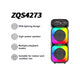 Portable speaker with RGB lighting design on a white background, featuring text describing its features.