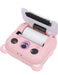 Pink cartoon-style printer with a white roll of paper on a white background
