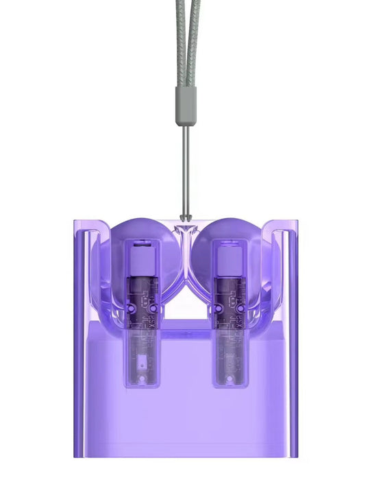 Purple lanyard holder with two card holders on a white background