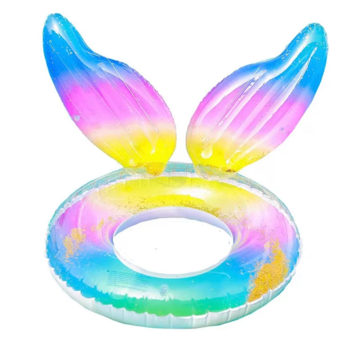 Inflatable pool float with rainbow-colored bunny ears on a white background