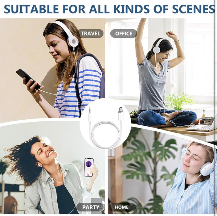 Collage of people using headphones in various settings with text 'Suitable for all kinds of scenes'.
