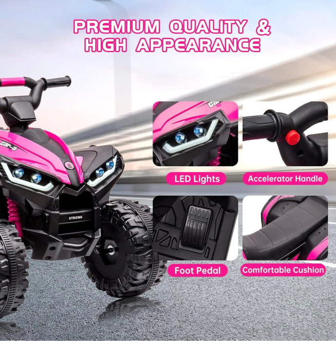 Pink and black toy vehicle with features highlighted on a gray background