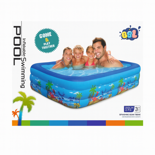 Inflatable swimming pool with family in water, featuring EBL branding.