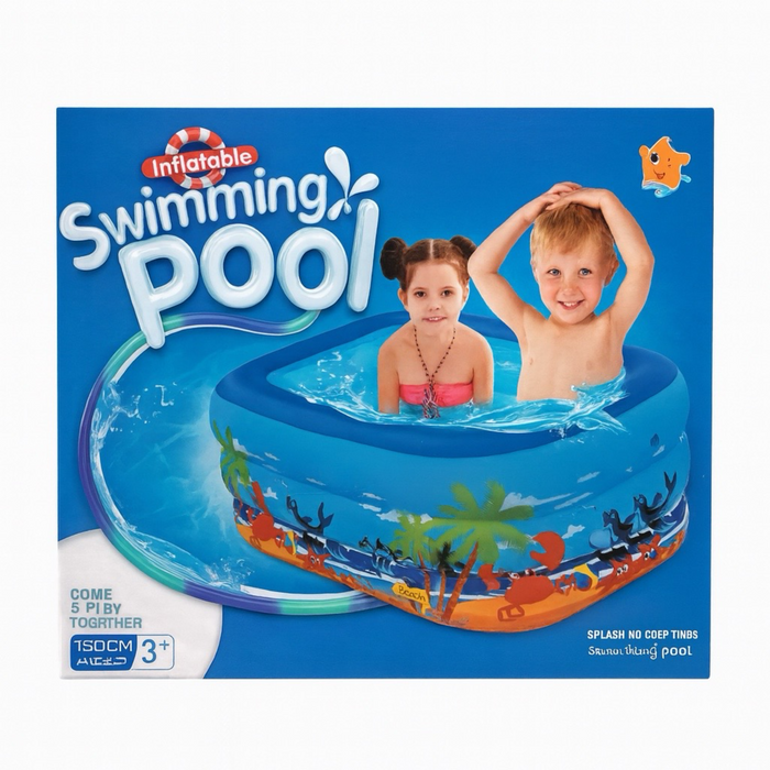 Inflatable swimming pool packaging with children on a blue background