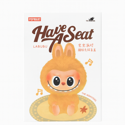Cartoon monkey character with 'Have A Seat' text and Popmart branding on a white background