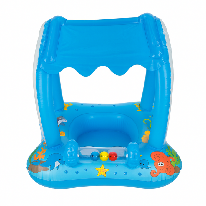 Inflatable pool toy with blue canopy and ocean-themed decorations on a white background